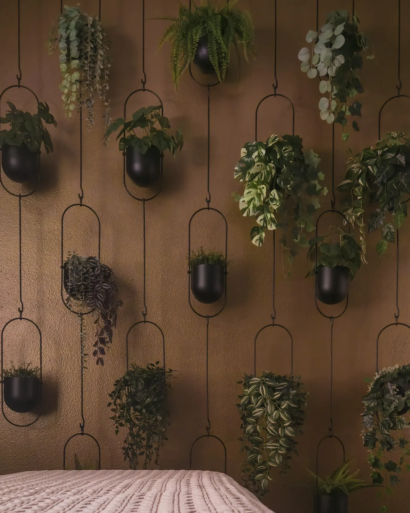 The plant wall in the treatment room at Hands by Huan, with hanging pots above the massage table